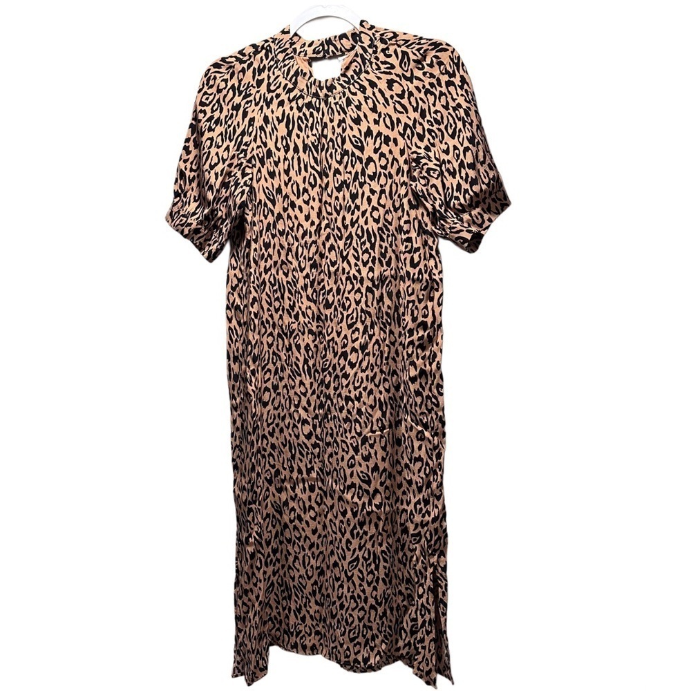 Anthropologie McKenzie Mock Neck Leopard Print Black & Tan Tunic Midi Dress XS - Picture 3 of 16